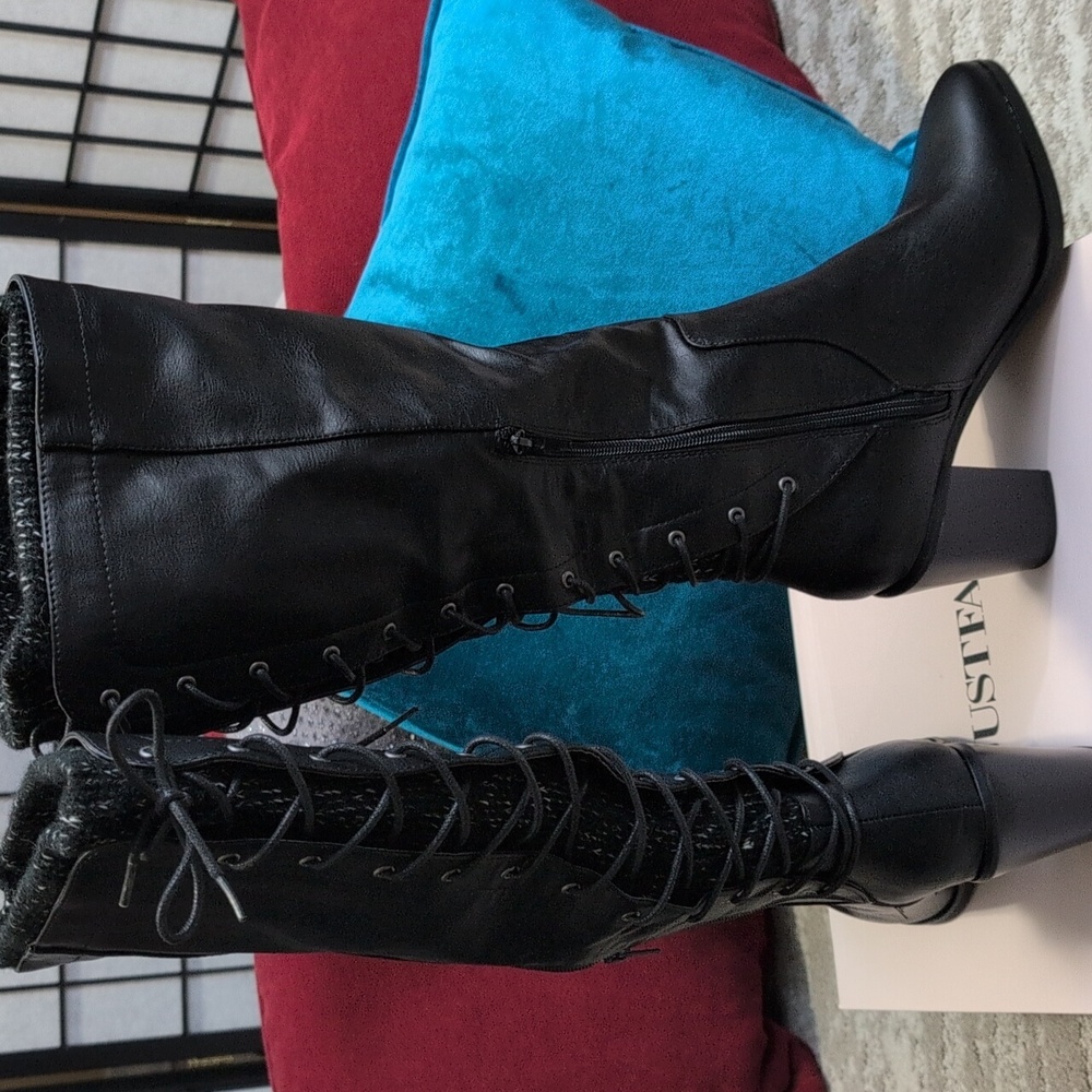 New In Box, Just Fab, Size Women's 10, Black Tall Heeled Lace Me Up Boots